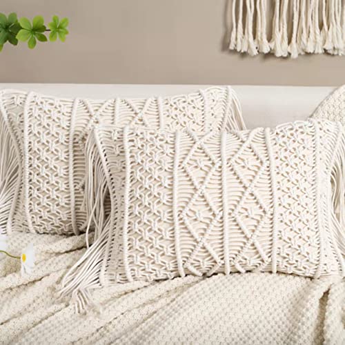 Macrame Lumbar Pillow Cover-Set of 2 with Tassels Rectangualr Cushion Covers Boho Throw Pillow Cover for Couch, Sofa, Bed, Farmhouse, Chair, Dining, Patio, Outdoor, car (B) - color: B