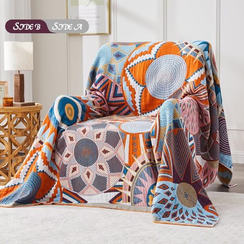 Boho Blanket Soft Muslin BohoThrow Blanket, 100% Cotton Floral Printed Farmhouse Decor All Season Reversible Rustic Throw for Sofa Couch Chair (Orange, 80"x90") - color: Orange, size: 80"x90"
