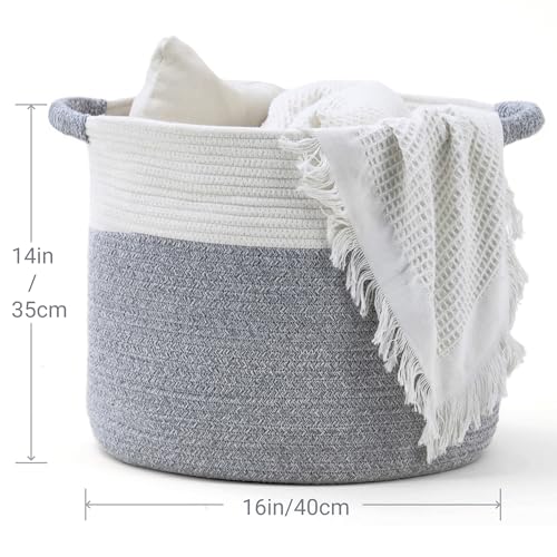 Blanket Basket (16" Dx14 H) - Round Woven Rope Storage for Living Room Throws, Pillows & Laundry- White/Mixed Gray - color: White/Mixed Gray, size: 16" X 16" X 14"