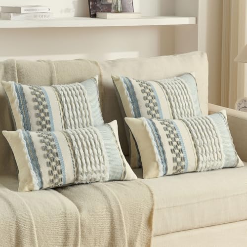 FUTEI Pack of 2 Boho Chenille Decorative Throw Pillow Covers 20x20 Inch Soft Plush Tufted Striped Textured Cushion Case,Farmhouse Accent for Couch Bed Living Room, Grey - color: Grey, size: 20" x 20" (Pack of 2)