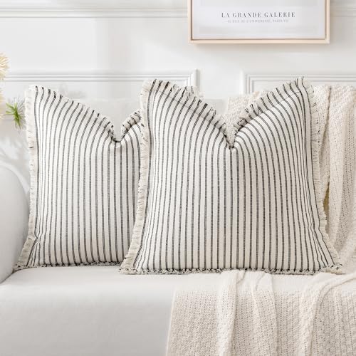 MIULEE Black Pack of 2 Pillow Covers 18x18 Inch Striped Farmhouse Couch Throw Pillow Covers with Fringe Chic Linen Decorative Cushion Covers for Sofa Living Room Bed Outdoor Home Decor - color: Black, size: 18" x 18" (Pack of 2)