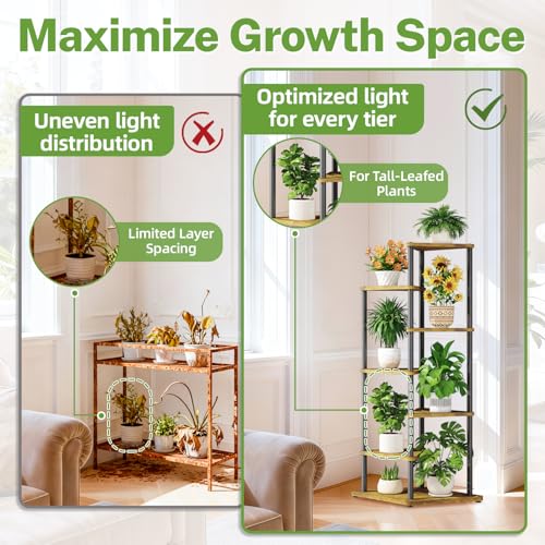 iDavosic.ly Tall Plant Stand Indoor for Large & Heavy Duty Planters, 6 Tier Corner Flower Shelf with Wooden Trays & Metal Frame, 49 Inch Orchid Rack for Living Room Balcony Porch, Black & Brown - size: 6 Tier without Light