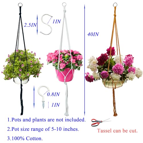 Macrame Plant Hangers Planter Flower Pots Holder 3 Pack Basket Stand Tassels with 6 Hooks Kit Cotton Rope for Decorative Indoor Outdoor Patio Garden Boho Home Décor (POTS NOT Included) (BROWN) - color: Brown