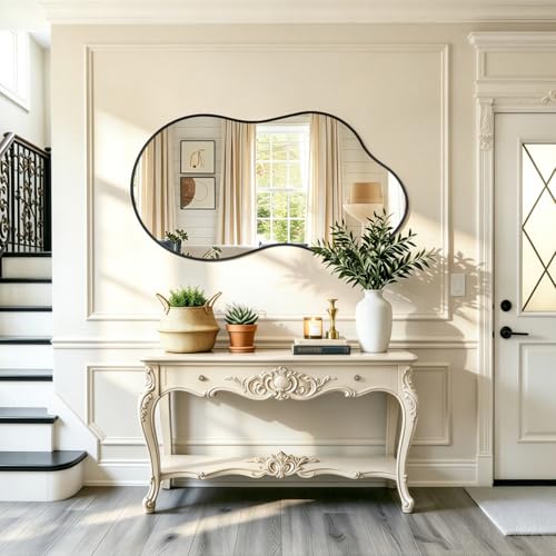 JJUUYOU Irregular Wall Mirror Black Metal Framed Decorative Asymmetrical Bathroom Mirrors Large 20"x36" for Living Room Bedroom Entryway Hanging Home Decor - color: Black, size: 36"L x 20"W
