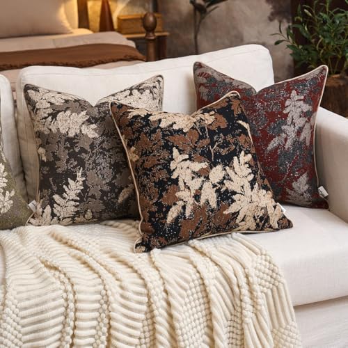 Yangest Neutral Leaf Pillow Cover 18 x18 Inches, Vintage Chenille Square Throw Pillow Cover Soft Leaves Nature Accent Couch Pillow Cover for Living Room Bedroom, Red - color: Red, size: 18" x 18" (Pack of 1)
