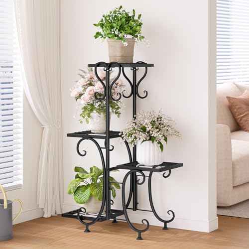 INGIORDAR Plant Stand Indoor Outdoor Shelf 4Tier Metal Holder Pot Rack Multiple Plants Stand Tall Flower Shelf Corner Living Room Garden,Black (Black, 4 Pots) - size: 4 Pots