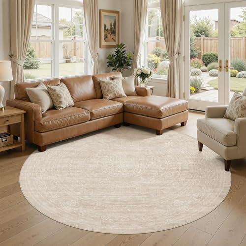 8ft Round Rug Living Room: Washable Large Vintage Neutral Area Rug Non-Slip Soft Stain Resistant Indoor Carpet for Bedroom Nursery Dining Room Under Table Bed Home House Office Playroom - Beige - color: Beige, size: 8' (Round)