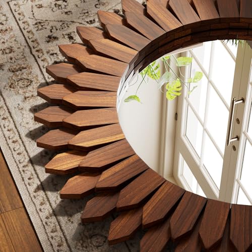 28 Inch Walnut Boho Wall Decor Sunburst Mirror - Round Wooden Wall Decor, Handmade Rustic Circular Mirror for Living Room, Bedroom, Entryway, Office - color: Walnut, size: 28"L x 28"W