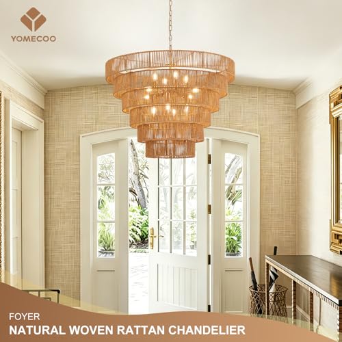 31.49" Large Rattan Gold Chandelier for Dining Room, Farmhouse 12-Lights Boho Hand-Woven Bamboo Chandelier, Drum Wicker Golden Chandeliers for Kitchen Island, Living Room, Bedroom - color: Gold 31IN