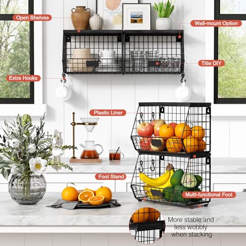 Goozii Black Kitchen Wall Hanging Storage Basket Set of 2, Rustic Stackable Kitchen Counter Fruit Organizer, Wire Baskets Container for Veggie, Garlic, Produce, Onion and Potato (Black Shelf) - color: Black + Black Wood