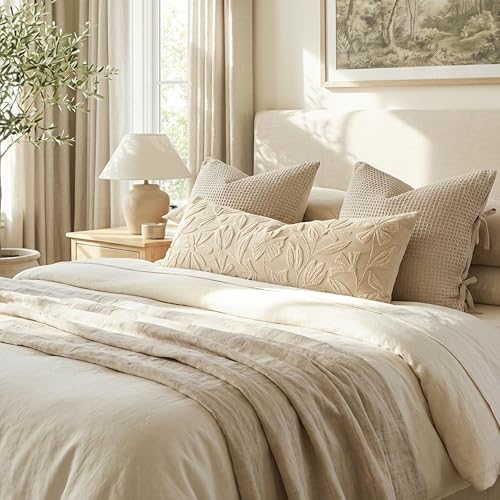 BlissBlush 14x36 Lumbar Pillow Cover for Bed, Rectangular Decorative Long Throw Pillowcase, Embroidered Farmhouse Accent Cushion, Beige Neutral Floral Tufted (Cover Only) - color: Beige Cream, size: 36" x 14" (Pack of 1)