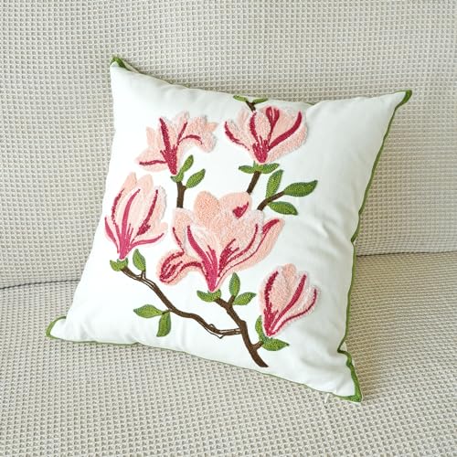 vctops Farmhouse Magnolia Flower Cotton Tufted Throw Pillow Cover Spring Floral Embroidery Pillowcase Soft Square Cushion Case for Sofa Couch Bed Chair (Pink E,18"x18") - color: Pink E