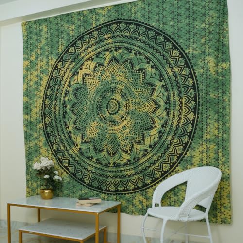 FURNISHFUL FINESSE Handmade Cotton Mandala Wall Tapestry - Green Ombre Boho Wall Decor, Indian Boho Bohemian Hippie Room Hanging for Bedroom, Dorm & Living Room Aesthetic - 54X84, Green - color: Green, size: 84"L x 54"W