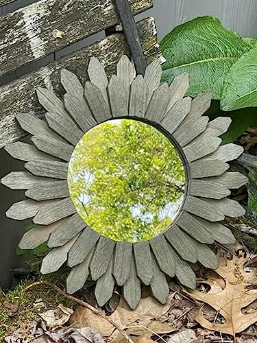Honiway Farmhouse Wall Decor Mirror 12 inch Sunburst Boho Wood Mirror Rustic Home Decor Room Decoration for Bedroom Living Room Weathered Grey - color: Weathered Grey, size: 12 inch (1 pack)