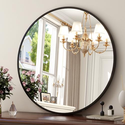 XRAMFY 30 Inch Round Mirror - Circle Mirrors for Bathroom, Entryway and Living Room Wall Decor, Modern Hanging Vanity Mirror, Matte Black Circle Decorative Wall Mirror - color: Round-black, size: 30"L x 30"W