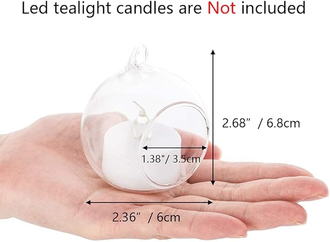 Nuptio 12 Pcs Hanging Tea Light Candle Holders Mini Glass Candle Holder 2.36" Diameter Baubles Globe Garden Ornament, Tealight Holders for Christmas Halloween Wedding Party Decorations for Reception