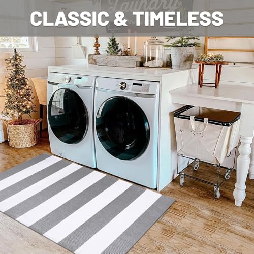 IOHOUZE Grey White Striped Rug -27.5" X 43" Front Door Mats Outdoor,Washable Rug for Front Porch Decor,Spring Summer Welcome Mats Outdoor Indoor, Doormat for Farmhouse/Entryway/Home Entrance - color: Grey White Stripe, size: 2'4" x 3'8" (Rectangular)