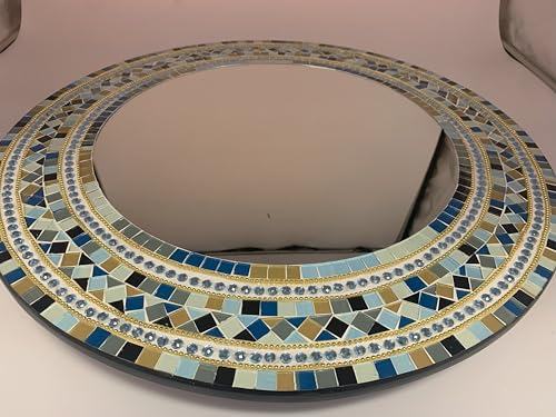 Wall Art Décor – Handcrafted Decorative Wall Mirror, Light and Navy Blue, Brown, Gray, and Black Round Mosaic, 24” Round Mirror for Hallway, Bedroom, Bathroom, Living Room - color: Light Brown, Light and Navy Blue, Gray, Black