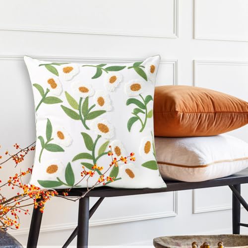 Pack of 2 Embroidered Decorative Throw Pillow Cover 18x18 Inch Farmhouse Floral Pillowcase for Living Room Sofa Bed (White Glass Flower) - color: White Glass Flower