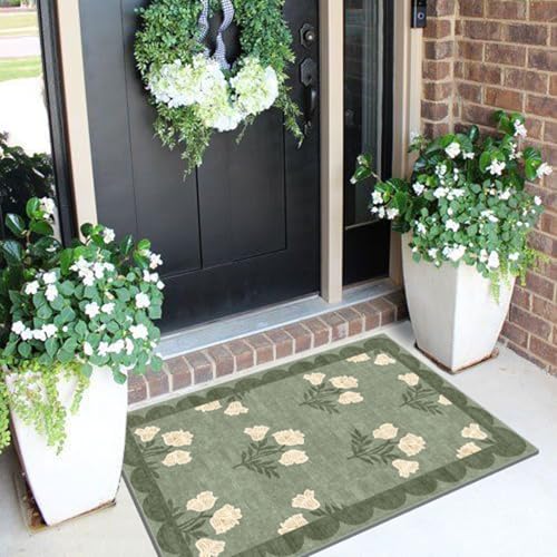 Front Door Mat Outside Entrance - 2x3 Floral Non-Slip Washable Doormat Indoor Outdoor Door Mat Spring Sage Green Floral Entry Rug Small Throw Rugs for Entryway Kitchen Front Porch Decor - color: Flower - Green, size: 2' x 3' (Rectangular)
