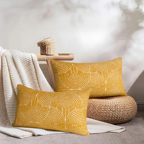 AELS Boho Decorative Textured Throw Pillow Covers 12x20, Organic Modern Mid Century Rainbow Tufted Pillow Case, Farmhouse Rustic Geometric Woven Cushion Case for Bed Couch Sofa, Mustard Yellow - color: Mustard Yellow, size: 20" x 12" (Pack of 2)