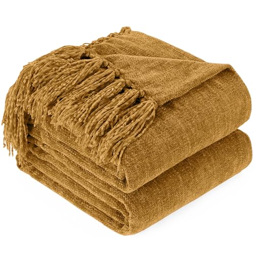 Chenille Throw Blanket for Couch with Tassels,50"X60" Soft Cozy Lightweight Knitted Boho Decorative Blankets for Bed and Sofa,Yellow - color: Yellow, size: 50"x60"