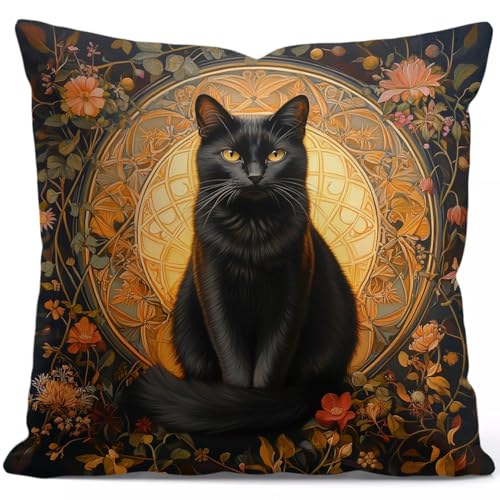 YOU FOUND ME William Morris Abstract Vintage Black Cat Design Throw Pillow Cover Home Decor, Art Decor Pillowcase Cushion Cover for Bed Sofa Living Room, Indoor and Outdoor 18x18inch (Black Cat3) - color: Black Cat3