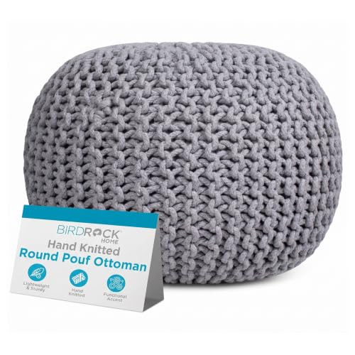 BIRDROCK HOME Round Pouf Ottoman Foot Rest - 18.5”x18.5”x15” Boho Compact Comfortable Soft Cotton Braided Foot Stool with Bean Bag Filling for Living Room, Bedroom, or Nursery (Light Gray) - color: Light Gray