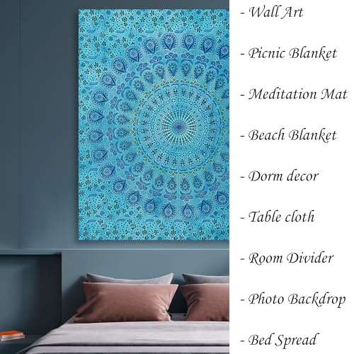 FURNISHFUL FINESSE Handmade Cotton Peacock Mandala Tapestry - Vibrant Turquoise Ombre Boho Wall Decor, Bohemian Hippie Room Hanging for Bedroom & Living Room - 30X40 Inches - color: Turquoise, size: 40"L x 30"W