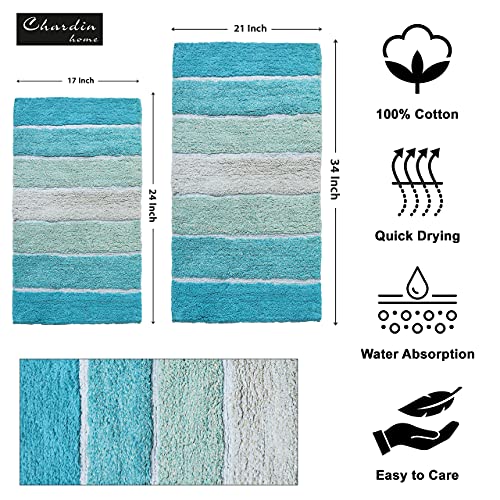 Chardin home Cordural Stripes Bath Mat, Set of 2 Bath Rugs (17 Inches x24 Inches & 21 Inches x34 Inches) | Non Slip Bathroom Rug, Machine Washable, Plush, Highly Absorbent | Aqua Turquoise Ombre - color: Aqua Turquoise