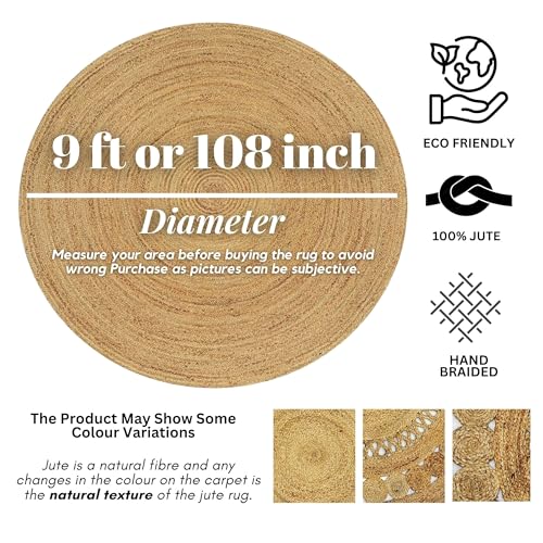 Hand Woven Jute Area Rug - 9' Round - Rustic Beige Reversible Farmhouse Rugs for Living Room, Bedroom, Kitchen - Vintage Natural Braided Entry Floor Décor Circle Boho Round Rugs 9ft - color: Natural 1, size: 9' (Round)