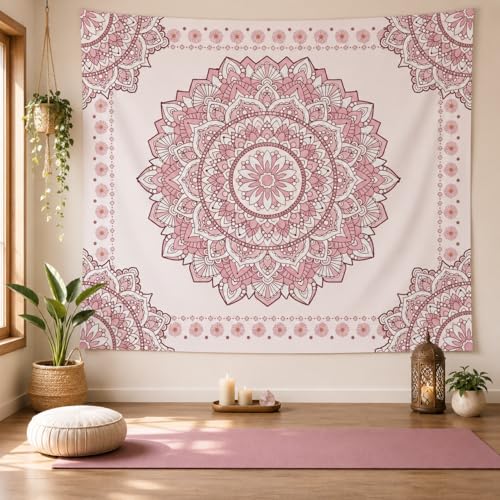 Atrippy Boho Pink Mandala Wall Tapestry for Bedroom, White and Pink Aesthetic Tapestry Room Decor for Teen Girls, Extra Small Art Floral Wall Hanging for College Dorm 36x48 inches - color: A Pink Mandala Tapestry, size: 48"L x 36"W