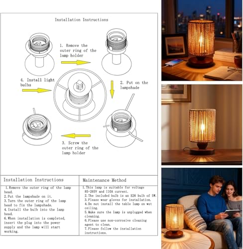 Handmade Rattan Lamp Boho Table Lamp for Bedroom, Stepless Dimming Small Woven Lamps for Night Stands with Warm White LED Bulb, Coastal Boho Lamp for Living Room Reading Nook Office Desk - color: Bohemian - Dimmable