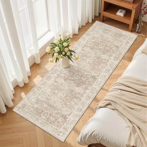 Madane Washable Runner Rug 2x5 with Non-Slip Rubber Backing, Vintage Kitchen Hallway Rug Soft Low Pile Throw Carpet Runner for Entryway Laundry Bathroom Bedroom Living Room (2 x 5, Beige/Brown) - color: Beige/Brown, size: 2' x 5' (Runner)