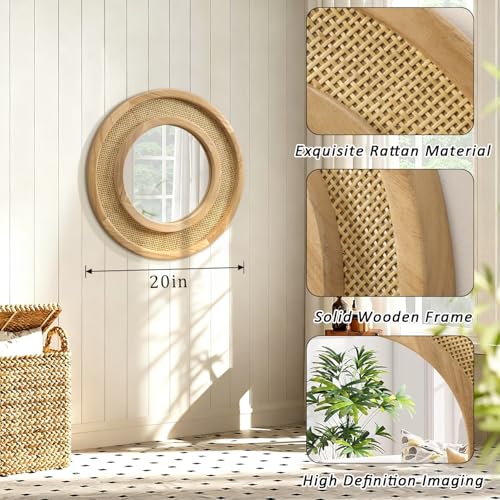 JJUUYOU Wooden Mirror Circle Mirrors for Wall 20 Inch Circular Hanging Mirrors with Wood Frame for Living Room Bathroom Vanity Entryway Hallway - color: Round Mirror-wood, size: 20"L x 20"W