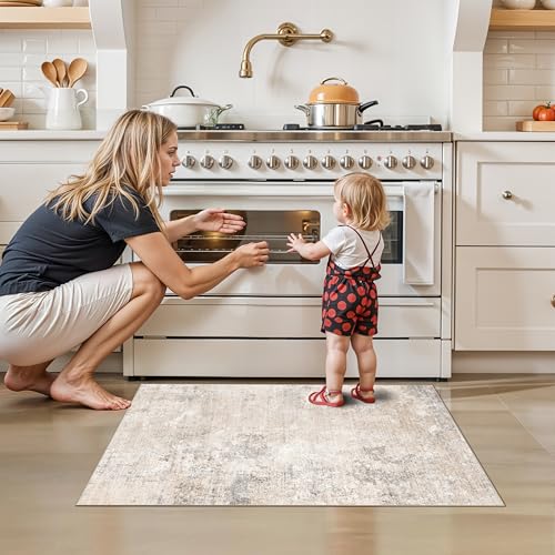 2x3 Washable Non-Slip Rug – Modern Abstract Neutral Small Throw Area Rug for Kitchen, Entryway, Bedroom – Soft Low Pile Thin Indoor Door Mat (Beige Grey, 2x3) - color: Beige Grey, size: 2' x 3' (Rectangular)