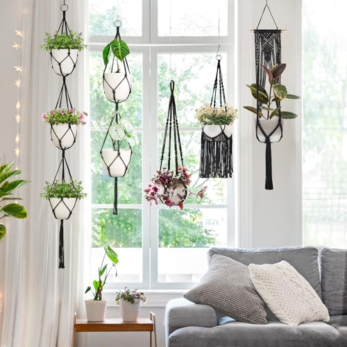 Mkono Macrame Plant Hangers, 5 Pack Different Tiers Indoor Hanging Planters Basket with 5 Hooks Decorative Flower Pots Holder Stand Boho Home Decor, Black - color: Black