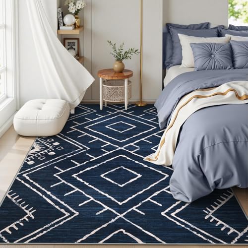 LIVEBOX Western 5x7 Area Rug, Navy Washable Rugs for Living Room Bedroom, Non Slip Moroccan Tribal Rug Low Pile Soft Geometric Boho Large Area Rugs Diamond Carpet for Dining Room Home Office Decor - color: Navy, size: 5‘ x 7'