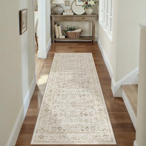 2x6 Beige Washable Neutral Runner Rug for Living Room Soft Floral Non Slip Runner Area Rug Modern Low Pile Stain Resistance Indoor Carpet Doormat Hallway Kitchen Stair Bedroom Bathroom - color: Neutral | Beige, size: 2'x6'