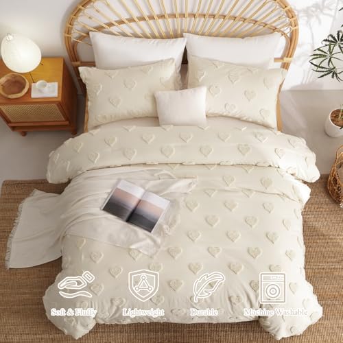 Boho Tufted Comforter Set Queen Size Beige Heart Textured Bedding Set 3 Pieces Farmhouse Shabby Chic Embroidery Bed Set Soft Jacquard Comforter for All Season with 2 Pillowcases - color: Beige Heart, size: Queen (90"x90")