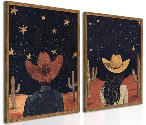 Framed Boho Western Cowboy and Cowgirl Wall Art Set of 2, Vintage Southwestern Desert Starry Sky Cactus Pictures Wall Decor, Rustic Farmhouse Paintings Canvas Prints for Living Room Bedroom 16x24 inch - color: Cowboy, size: 24L" x 16W"