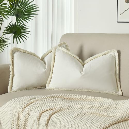 JUSPURBET Cream Velvet Throw Pillow Covers 16x24 Inch Set of 2 with Soft Tassel Fringe Luxury Boho Pillowcase for Sofa Couch Bed Home Decor Machine Washable - color: Cream, size: 24" x 16" (Pack of 2)