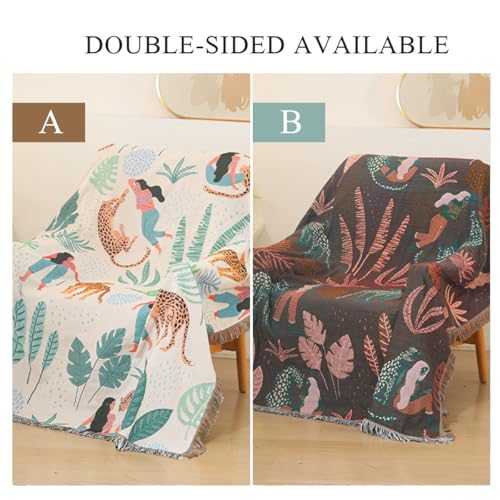 LumiSyne Double-Sided Cotton Woven Throw Blanket with Tassel Jungle Bohemian Style Tapestry Shawl Multi-Function Decorative Throws for Sofa Bed Armchair Camping Blanket Tablecloth Carpet 160x130cm - color: Cheetah Glimpse