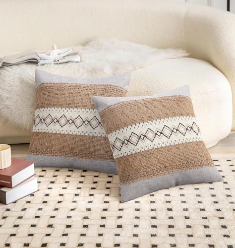 Pyonic Pack of 2 Boho Throw Pillow Covers 18x18 Inch Farmhouse Decorative Throw Pillows for Bed Sofa Living Room,Gray Modern Cushion Cover Couch Pillows Cover Home Decor - color: Gray