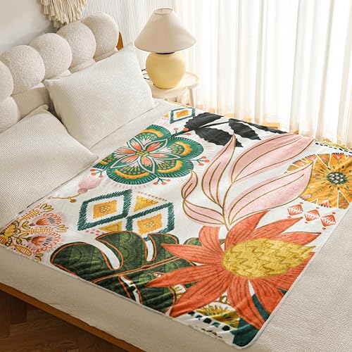 Tyrot Boho Floral Flannel Fleece Twin Blanket – Soft, Warm & Lightweight Fuzzy Blanket for Couch, Bed, or Sofa Decor, Cute Botanical Design Throw for Women & Girls, 60''x80'' - color: Blush Pearl, size: Twin(60''x80'')