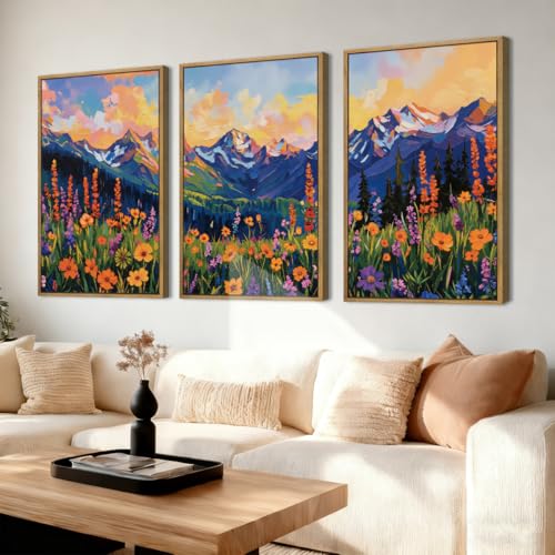 ANHUIB Colorful Wildflower Wall Art Boho Mountain Wall Decor Nature Floral Art Print 16x24 Inch Set of 3 for Living Room Bedroom Dining Room - color: Colorful Wildflower, size: 24"L x 16"W