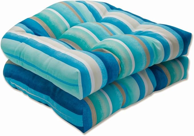 Pillow Perfect Stripe Indoor/Outdoor Chair Seat Cushion, Tufted, Weather, and Fade Resistant, 19" x 19", Blue/Tan Dina, 2 Count