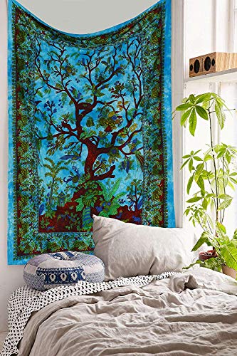 Indian Mandala Window Door Curtain Decor Room Wall Drapes Panel Sheer Tourquoise Tree of Life Mandala Bohemian Curtain Set Cotton Window Treatment Door Hanging - color: Turquoise & Green, size: 52"W x 82"L (Pack of 1)