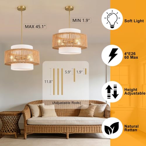 Boho Rattan Chandelier, 17.7" Boho Pendant Light with Fabric Lampshade, 4-Light Rattan Light Fixture Ceiling Hanging for Dining Room, Living Room, Bedroom, Kitchen Island, Hallway, Foyer - size: 17.7″Fabric