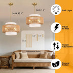 Boho Rattan Chandelier, 17.7" Boho Pendant Light with Fabric Lampshade, 4-Light Rattan Light Fixture Ceiling Hanging for Dining Room, Living Room, Bedroom, Kitchen Island, Hallway, Foyer - size: 17.7″Fabric